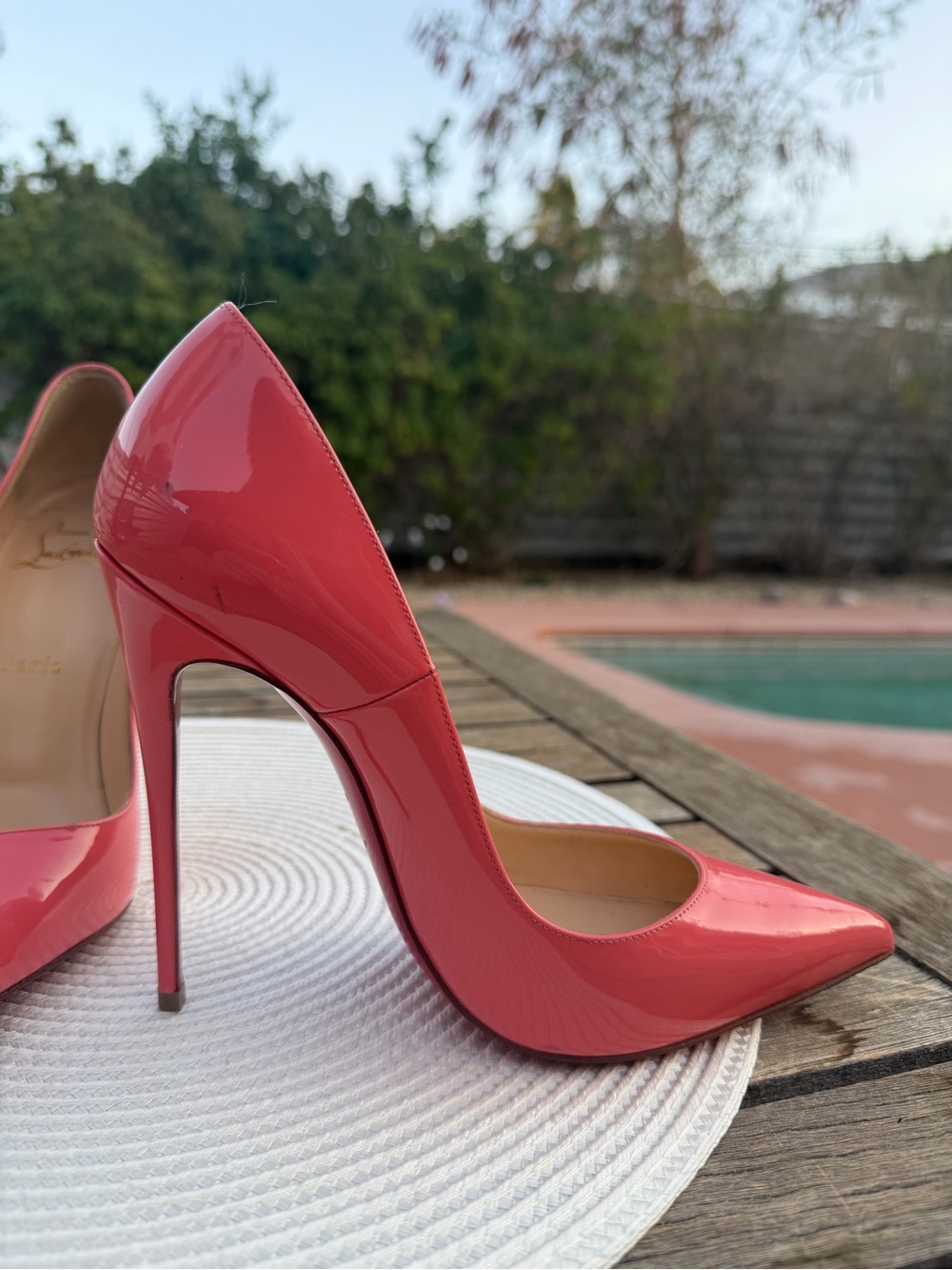 Christian Louboutin Coral Pink Patent Pointed-Toe Stiletto Pumps - Picture 6 of 6